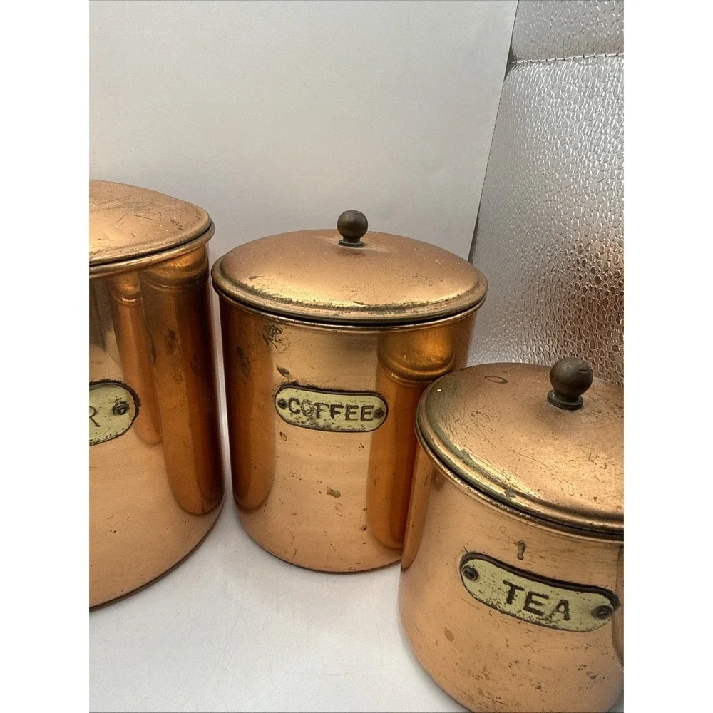 MCM Copper & Brass Vintage Canisters Patina Nesting Set 4 Flour/Sugar/Coffee/Tea